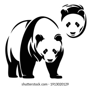 standing chinese panda bear black and white vector outline and head portrait design svg