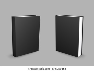 Standing Closed Black Paper Books With Shadow On Gray Background. Empty Cover Template. Education Literature Symbol. Author Writer Show Product