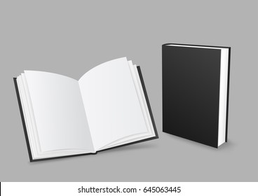 Standing closed and open black paper books with shadow on gray background. Empty cover template. Education literature symbol. Author writer show product