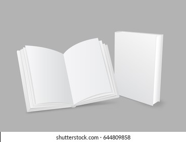 Standing closed and open white paper books with shadow on gray background. Empty cover template. Education literature symbol. Author writer show product