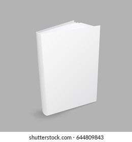 Standing closed white book with shadow on gray background. Empty cover template. Education literature symbol. Author writer show product