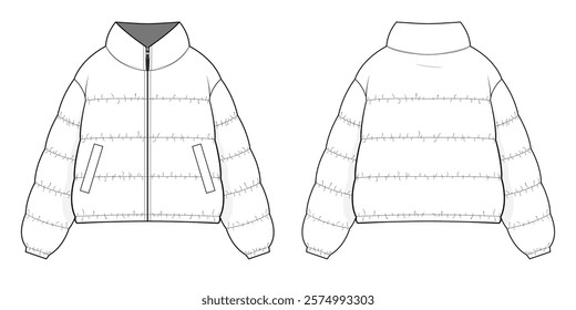 Standing Collar Winter Coat Technical Fashion Illustration. Quilted Puffer Jacket Vector Template. Cropped Silhouette. Horizontal Quilting. Welt Pockets. Relaxed Fit. Unisex Outerwear. CAD Mockup set.