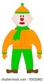 The standing comical man dressed in an orange jacket, a cap and a green scarf