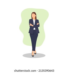 Standing confident business woman simple flat vector character illustration.