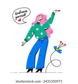 Mujer segura de sí misma con burbuja de habla. Abraza tus letras dibujadas a mano. Feminismo y concepto de amor propio. Ilustración de moda plana vectorial