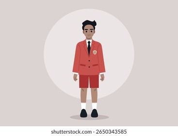 Standing confidently, a young boy in a colorful schoolboy uniform captures attention with his neatly styled hair and formal posture, ready to engage in school activities and camaraderie