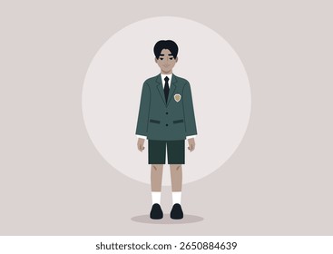 Standing confidently, a young boy in a colorful schoolboy uniform captures attention with his neatly styled hair and formal posture, ready to engage in school activities and camaraderie