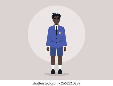 Standing confidently, a young boy in a colorful schoolboy uniform captures attention with his neatly styled hair and formal posture, ready to engage in school activities and camaraderie