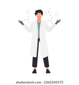 Standing confused scientist. Puzzled researcher in white coat vector illustration