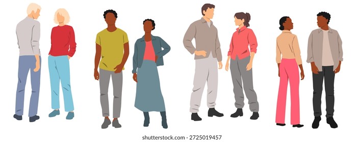 Stehende Paare von Menschen. Junge Männer und Frauen, Vorder- und Rückseite, Profil, verschiedene Farben, Zeichentrickfigur, Gruppen-Silhouetten, Studenten, flaches ikonographisches Designkonzept, einzeln auf Weiß