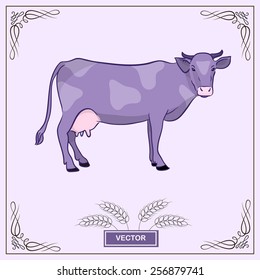Standing cow isolated. Vector EPS10 illustration. Cow icon. Hand drawn spotted cow.