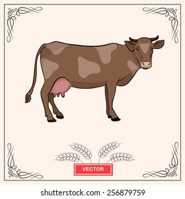 Standing cow isolated. Vector EPS10 illustration. Cow icon. Hand drawn spotted cow.