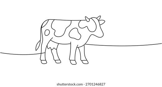 Vaca de pie. Dibujo de animales de granja de vista lateral en estilo de contorno blanco y negro simple