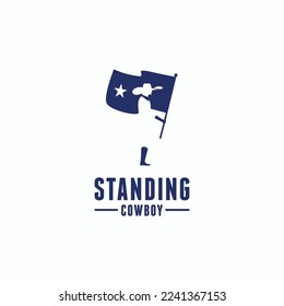 Standing cowboy holding flag negative space style vector logo icon sign. Isolated object on background