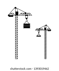 Standing crane with load suspended on hook, building equipment with rope and cargo, modern machine technology for high construction, transportation vector