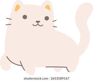 Gato branco cremoso de pé com orelhas cor-de-rosa e cauda levantada, ideal para ilustrações gentis de animais de estimação, logotipos ou projetos de decoração de felinos minimalistas.