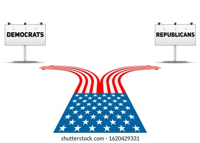Standing at the crossroad making USA political party choice. Flag in the shape of the road to the Republicans or Democrats. Vector Illustration Isolated on white Background.