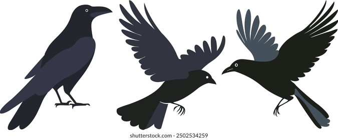 A standing crow and flying crows clipart isolated, simple flat vector illustration design.