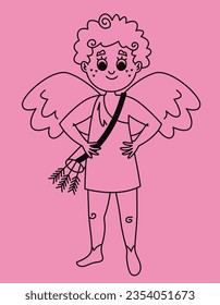 Standing cupid front view. Cute character in outline style.