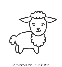 Standing cute baby lamb outline icon for web design, decoration element. Childhood, farming and domestic animals concept. Easter and Christmas symbol. Vector illustration isolated on white background