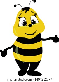 A standing, cute, black and yellow striped bee, eyes wide opened, both hands are stretched, smiling, looks happy, vector, color drawing or illustration. 