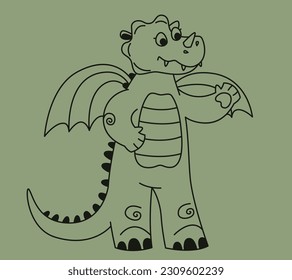 Standing cute dragon. Fairytale character in outline style.