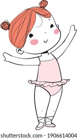 Standing cute girl ballerina in pink dress. Vector illustration