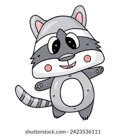 Standing cute happy baby raccoon in cartoon style. Character in love for poster, card, notebook. Vector illustration