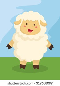 Standing Cute Sheep. Editable vector illustration of a little sheep standing in field background.