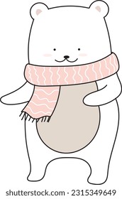 standing cute white bear wearing pink scarf