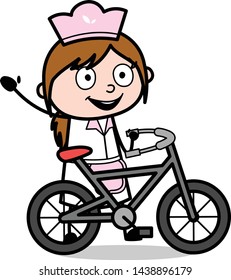 Standing with Cycle and Gesturing with Hand - Retro Cartoon Waitress Female Chef Vector Illustration