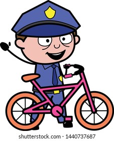 Standing with Cycle and Gesturing with Hand - Retro Cop Policeman Vector Illustration