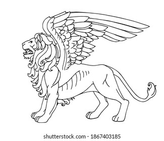 standing decorative lion with eagle wings, for ornament, logo, emblem, heraldic symbol of strength and speed, vector illustration with black lines isolated on a white background in a hand drawn style