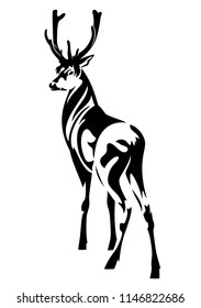 standing deer with beautiful antlers black and white vector outline