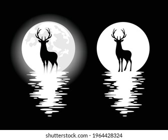 standing deer stag with large antlers and full moon - night wildlife black and white vector design set with mysterious animal spirit silhouette