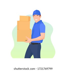 Standing delivery man or guy smiling and holding or carrying package box. Online shopping concept. Male courier. Shipment service job. Transportation business - Flat vector character illustration.