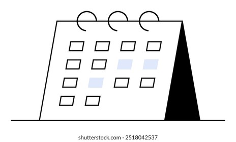 A standing desktop calendar with three ring bindings, displaying several days. Some days are highlighted in blue. Ideal for planners, schedules, appointments, organization, and productivity themes.
