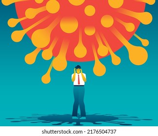 Standing desperate man with a giant covid-19 virus above him. Coronavirus effect on mental health. Psychology and anxiety of coronavirus. Feeling of oppression. Vector illustration