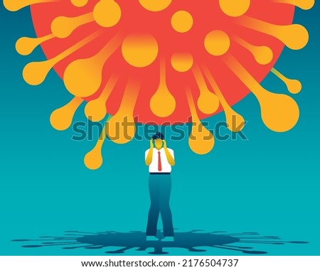 Standing desperate man with a giant covid-19 virus above him. Coronavirus effect on mental health. Psychology and anxiety of coronavirus. Feeling of oppression. Vector illustration