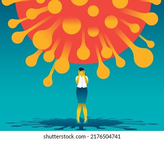 Standing desperate woman with a giant covid-19 virus above her. Coronavirus effect on mental health. Psychology and anxiety of coronavirus. Feeling of oppression. Vector illustration