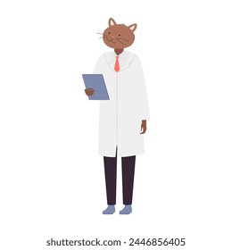 Standing doctor cat with clipboard. Hospital cat worker in white coat cartoon vector illustration
