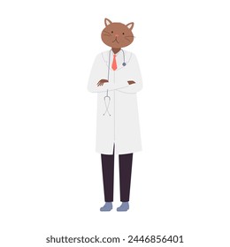 Standing doctor cat with crossed arms. Hospital cat worker in white coat cartoon vector illustration