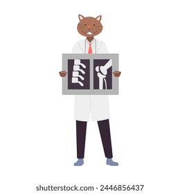 Standing doctor cat with xray photo. Hospital cat worker in white coat cartoon vector illustration
