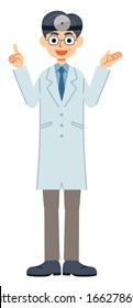 Standing doctor explaining with a smile with a head mirror