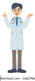 Standing doctor explaining with a smile with a stethoscope
