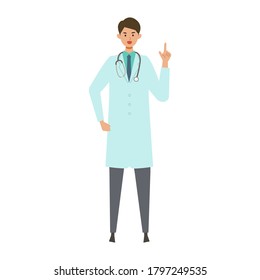 Standing doctor man in lab coat. Smiling,  pointing. Vector illustration in flat style.