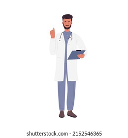 Standing doctor pointing finger up. Medical care, hospital employee, surgeon man vector illustration