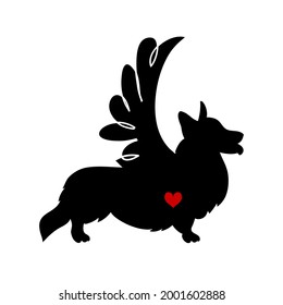 Standing dog. Black silhouette Pembroke Welsh Corgi with heart and wing. Silhouette of a dog of breed welsh corgi with heart and wing , T-shirt decoration, greeting card for Valentine's Day, Tattoo