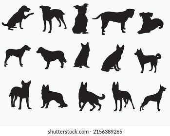 Standing Dog Silhouette Icons set of big dog in basic poses (sit, lie, profile, stand, front, back, eat), vector isolated on white background .EPS