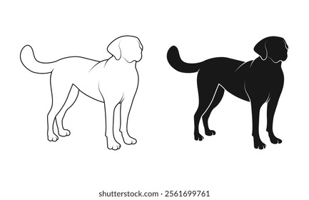 Standing dog silhouette and line art dog vector illustration on a white background